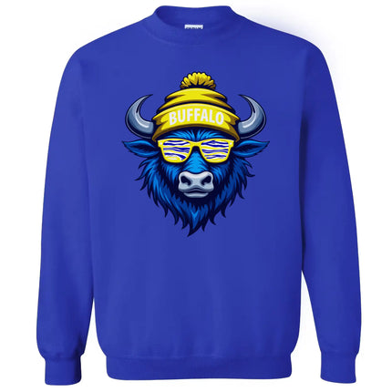 Buffalo hockey sweatshirt in blue, cool blue buffalo wearing striped blue yellow white sunglasses inspired by team colors, fun fan crewneck.