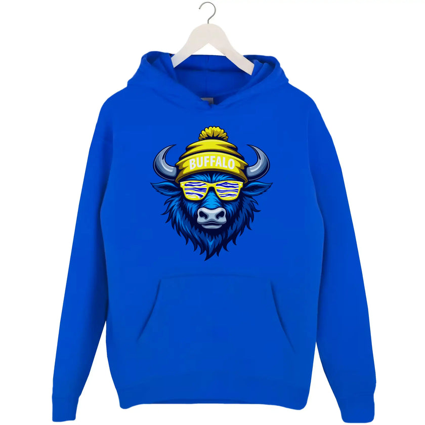 Buffalo hockey graphic hoodie in blue, cool buffalo mascot wearing blue white gold striped sunglasses and Buffalo winter beanie