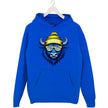 Buffalo hockey graphic hoodie in blue, cool buffalo mascot wearing blue white gold striped sunglasses and Buffalo winter beanie