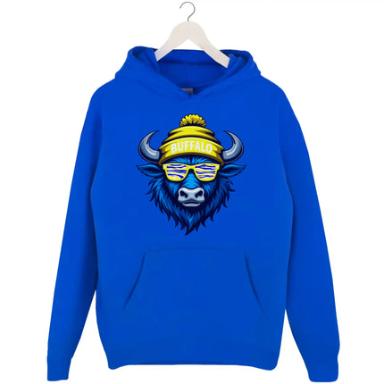 Buffalo hockey graphic hoodie in blue, cool buffalo mascot wearing blue white gold striped sunglasses and Buffalo winter beanie