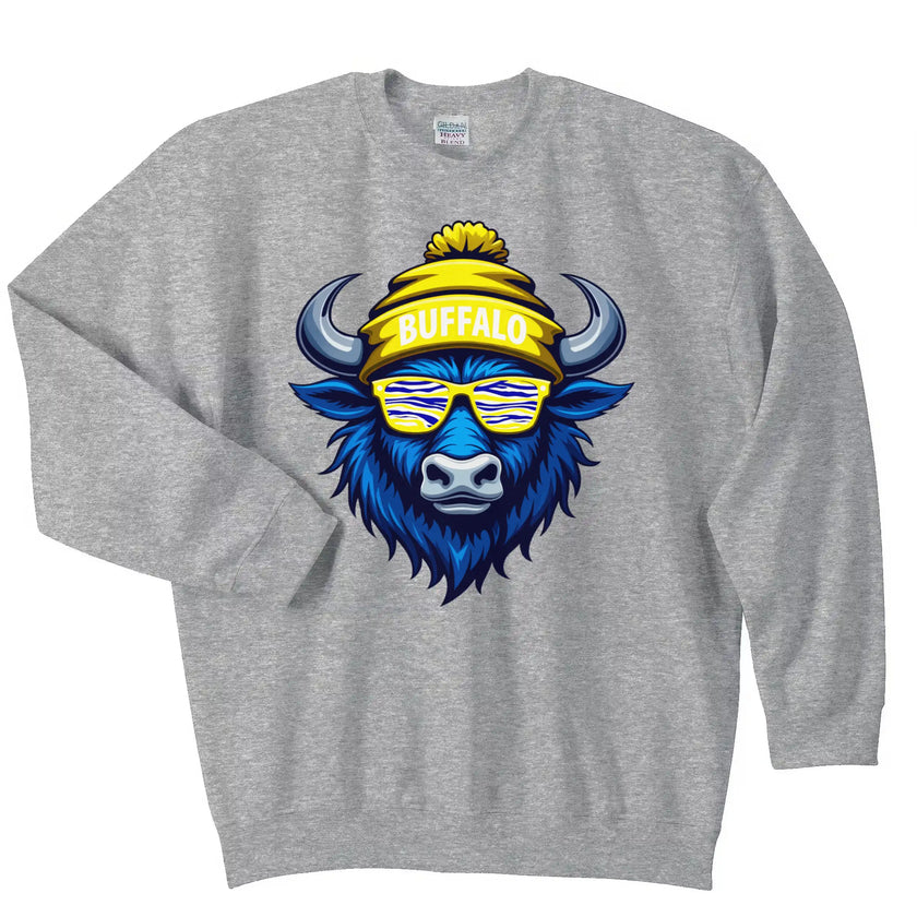 Buffalo hockey sweatshirt in grey, cool buffalo graphic wearing striped team color sunglasses, casual hockey fan crewneck.