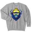 Buffalo hockey sweatshirt in grey, cool buffalo graphic wearing striped team color sunglasses, casual hockey fan crewneck.