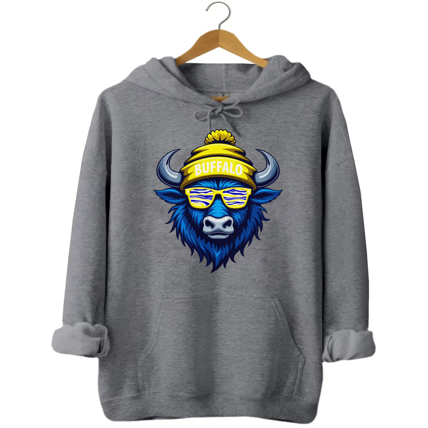 Buffalo hockey hoodie in grey, blue buffalo mascot wearing striped hockey team color sunglasses and Buffalo winter hat graphic.