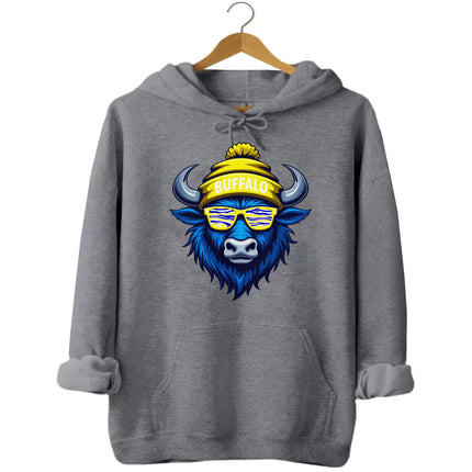 Buffalo hockey hoodie in grey, blue buffalo mascot wearing striped hockey team color sunglasses and Buffalo winter hat graphic.