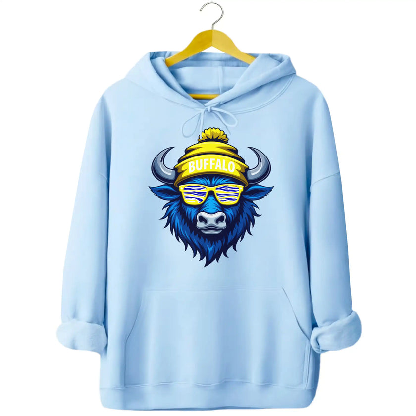 Buffalo hockey graphic hoodie in light blue, cool buffalo mascot with blue white gold striped sunglasses and winter beanie design.