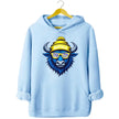 Buffalo hockey graphic hoodie in light blue, cool buffalo mascot with blue white gold striped sunglasses and winter beanie design.