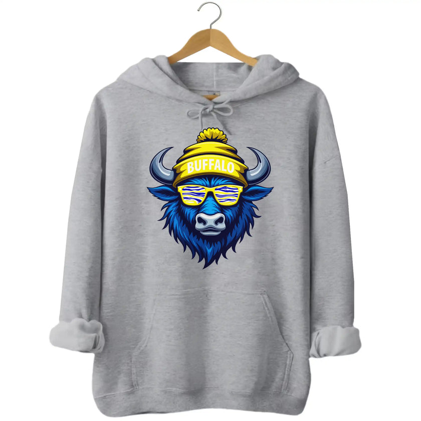 Buffalo hockey graphic hoodie in light grey, cool blue buffalo mascot with blue white gold striped sunglasses and winter beanie.