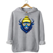 Buffalo hockey graphic hoodie in light grey, cool blue buffalo mascot with blue white gold striped sunglasses and winter beanie.