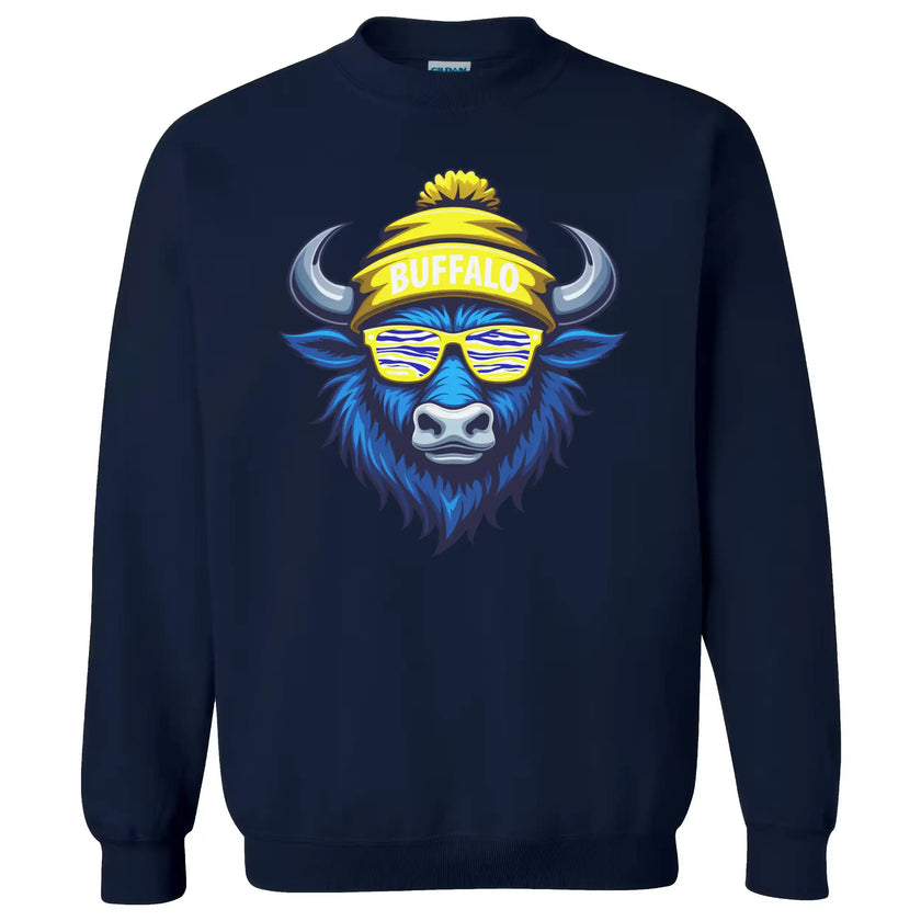 Buffalo hockey crewneck in navy, blue buffalo graphic with striped blue yellow white sunglasses, cozy modern fan sweatshirt.