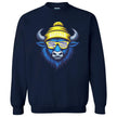 Buffalo hockey crewneck in navy, blue buffalo graphic with striped blue yellow white sunglasses, cozy modern fan sweatshirt.