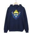 Buffalo hockey hoodie in navy, blue buffalo mascot with blue white gold striped team color sunglasses and puffball winter hat design.