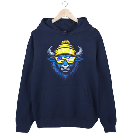 Buffalo hockey hoodie in navy, blue buffalo mascot with blue white gold striped team color sunglasses and puffball winter hat design.