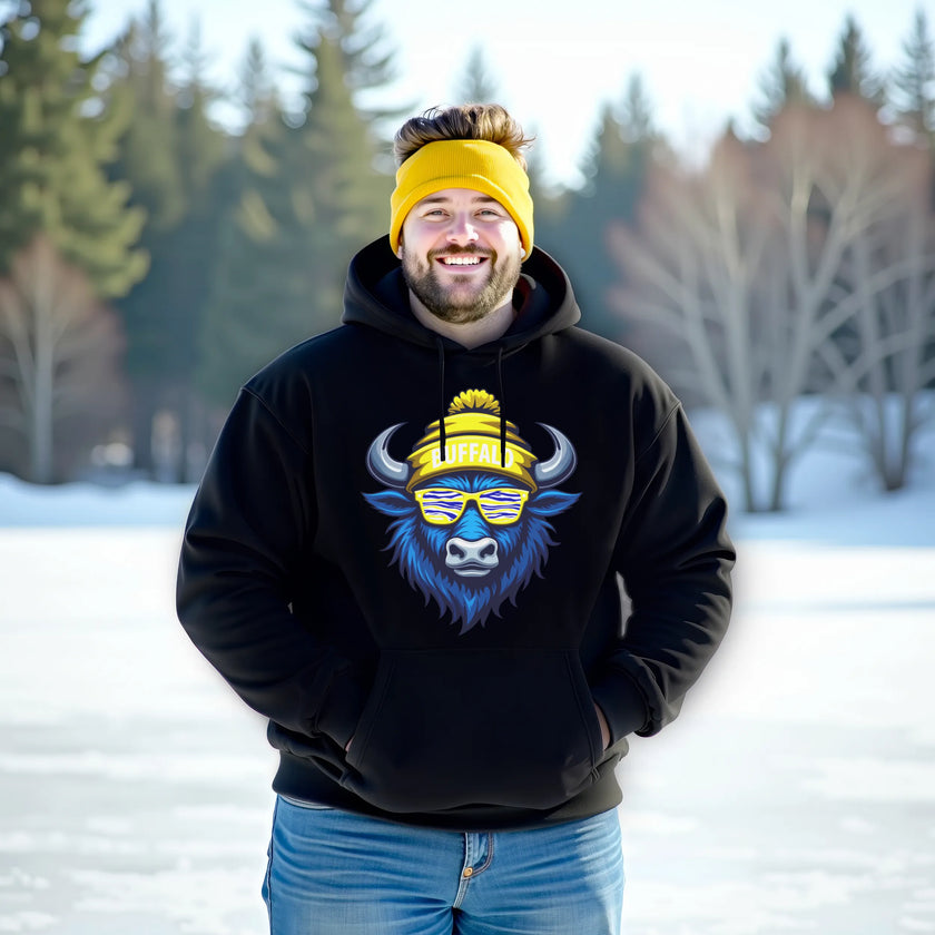 Male model wearing black Buffalo hockey hoodie featuring blue buffalo mascot with blue white gold striped sunglasses and winter beanie.
