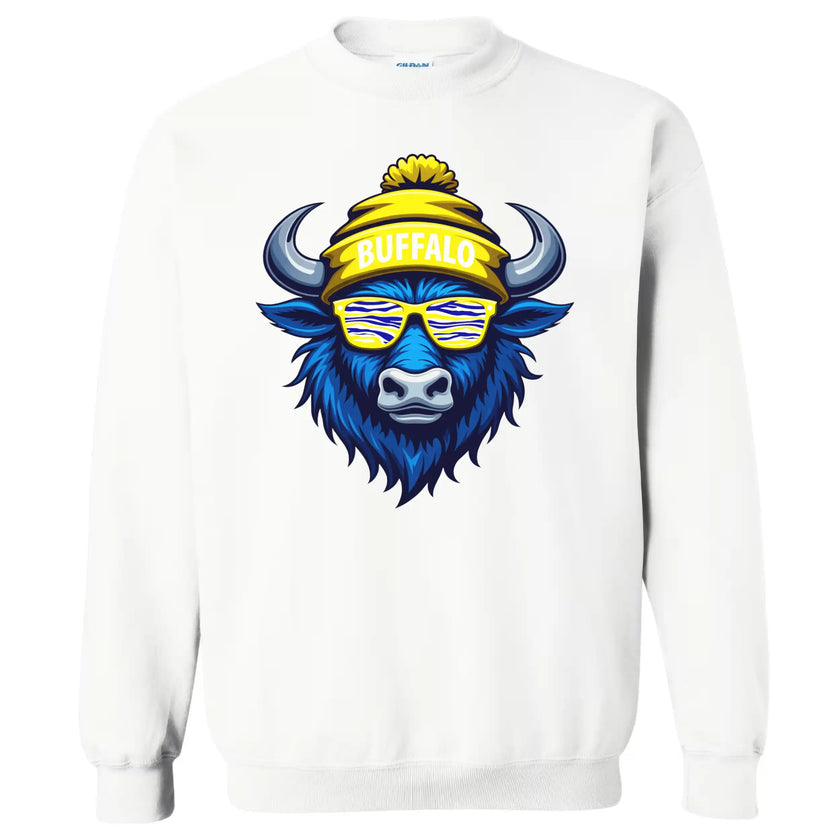 Buffalo hockey crewneck in white, stylish blue buffalo wearing blue yellow white striped sunglasses, bold Buffalo fan sweatshirt.