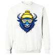 Buffalo hockey crewneck in white, stylish blue buffalo wearing blue yellow white striped sunglasses, bold Buffalo fan sweatshirt.