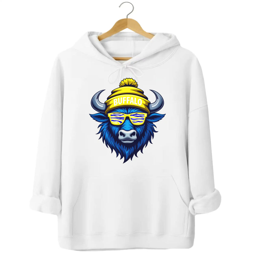 Buffalo hockey hoodie in white, blue buffalo mascot wearing blue white gold striped sunglasses and Buffalo winter hat graphic.