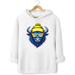 Buffalo hockey hoodie in white, blue buffalo mascot wearing blue white gold striped sunglasses and Buffalo winter hat graphic.