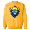 Buffalo hockey sweatshirt in yellow, cool blue buffalo wearing blue yellow white striped sunglasses, playful hockey fan crewneck.
