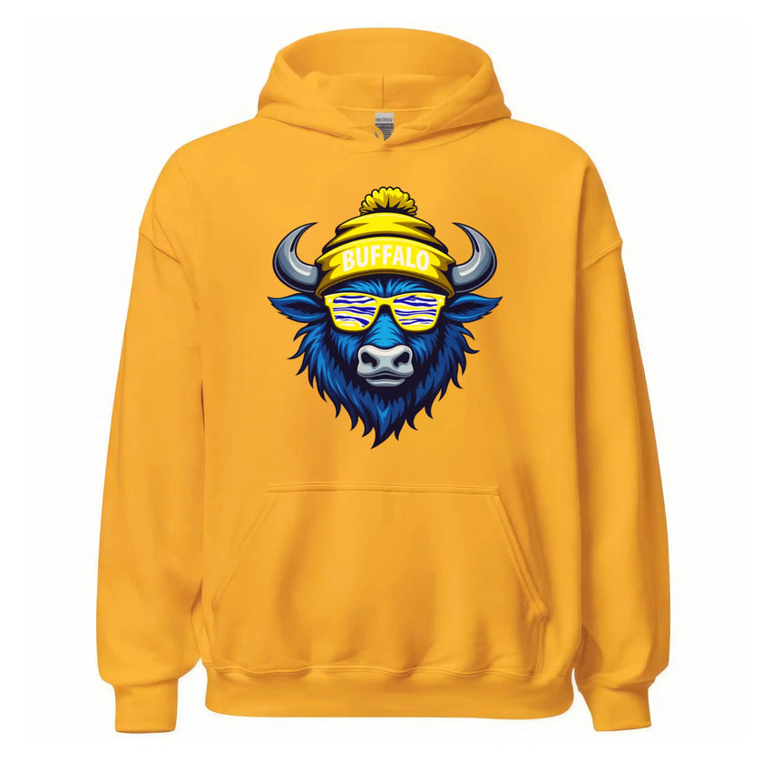 Buffalo hockey hoodie in yellow, blue buffalo mascot wearing blue white gold striped sunglasses and Buffalo puffball winter hat.