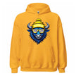 Buffalo hockey hoodie in yellow, blue buffalo mascot wearing blue white gold striped sunglasses and Buffalo puffball winter hat.