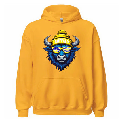 Buffalo hockey hoodie in yellow, blue buffalo mascot wearing blue white gold striped sunglasses and Buffalo puffball winter hat.