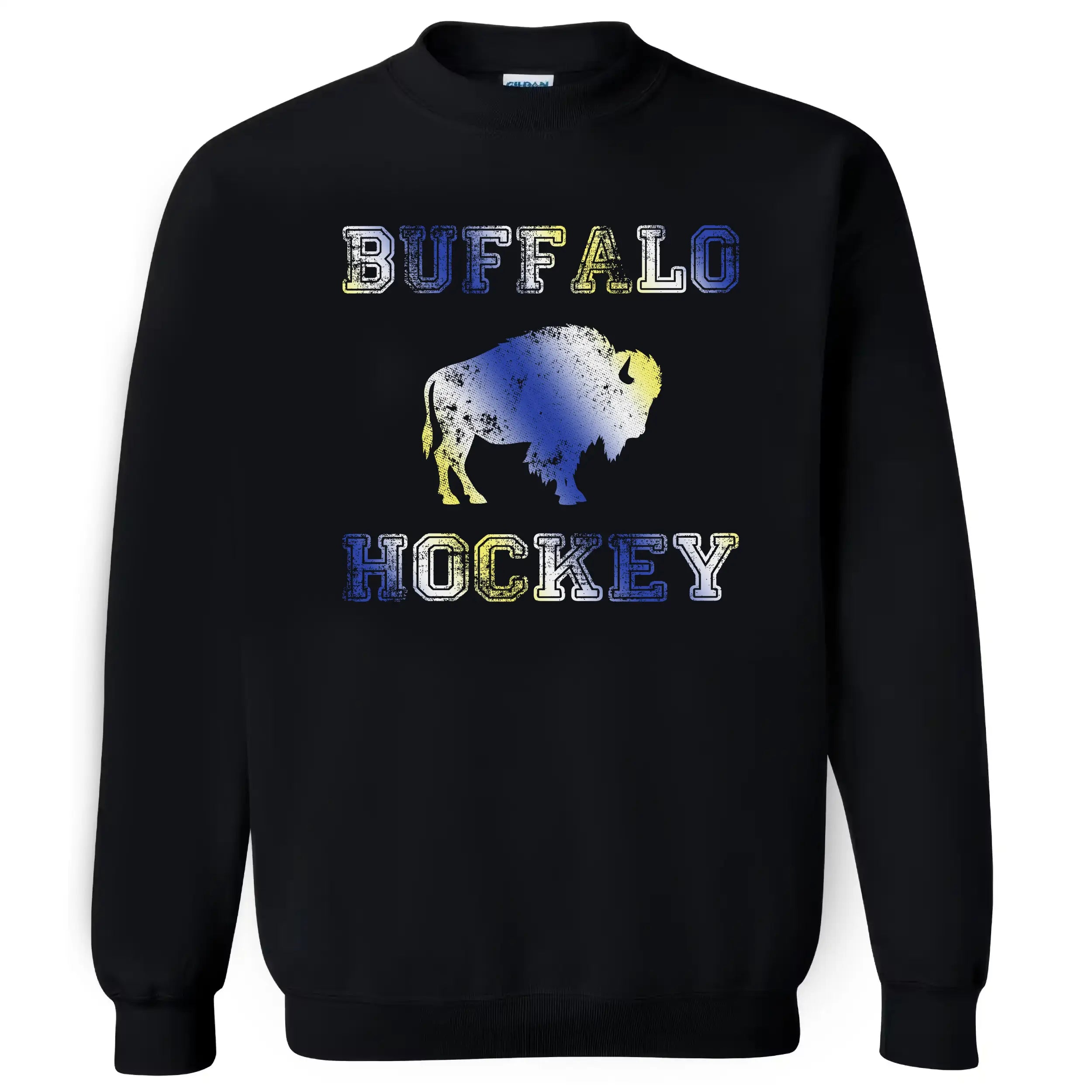 Buffalo hockey sweatshirt in black, bold buffalo silhouette and lettering in blue gold and white gradient team colors, cozy fan crewneck.