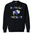 Buffalo hockey sweatshirt in black, bold buffalo silhouette and lettering in blue gold and white gradient team colors, cozy fan crewneck.