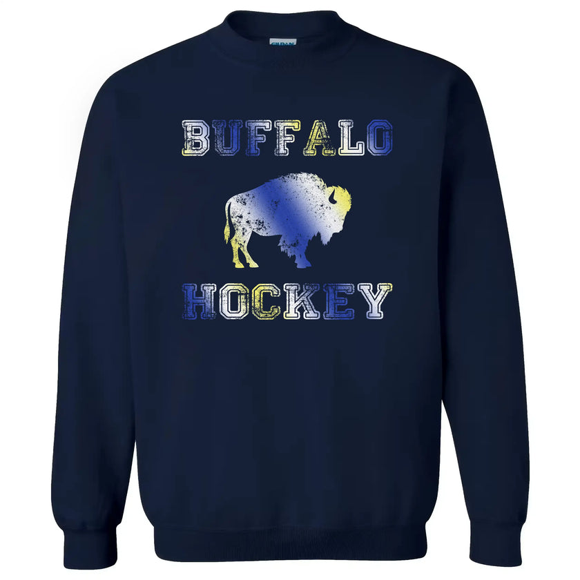 Buffalo hockey crewneck in navy, large buffalo silhouette with blue gold white gradient lettering, bold team color fan sweatshirt.