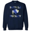 Buffalo hockey crewneck in navy, large buffalo silhouette with blue gold white gradient lettering, bold team color fan sweatshirt.