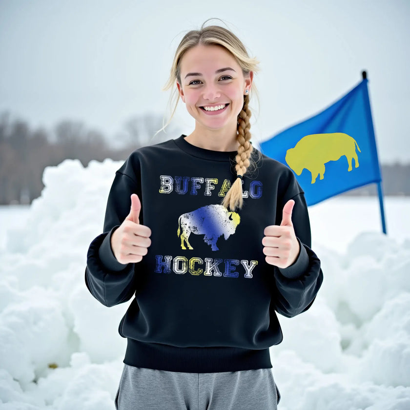 Female model wearing black Buffalo hockey sweatshirt with blue gold white gradient buffalo silhouette and lettering, cozy hockey fan outfit.