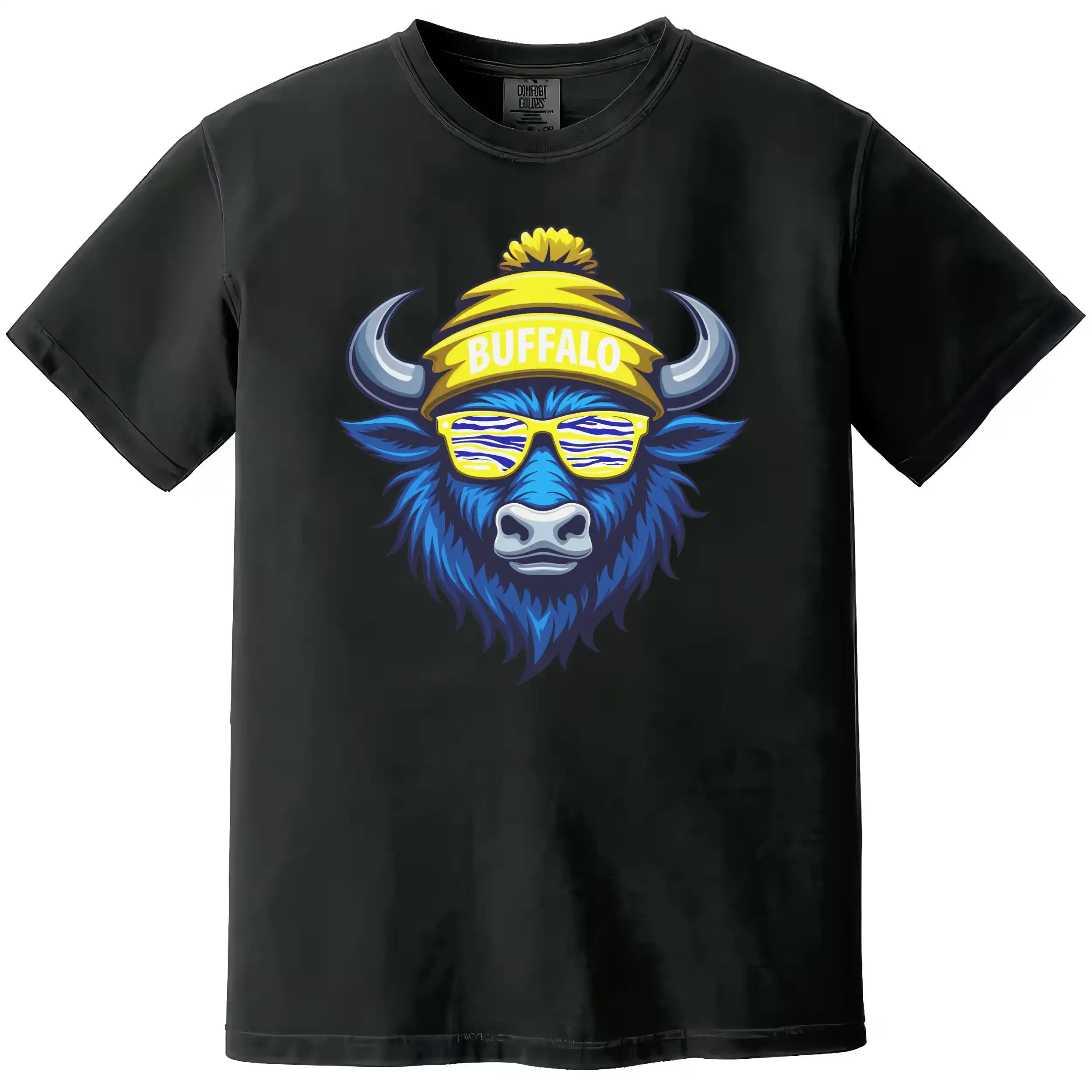 Buffalo hockey t-shirt in black, cool blue buffalo wearing striped blue yellow white sunglasses inspired by team colors, fun fan graphic tee.