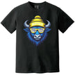 Buffalo hockey t-shirt in black, cool blue buffalo wearing striped blue yellow white sunglasses inspired by team colors, fun fan graphic tee.