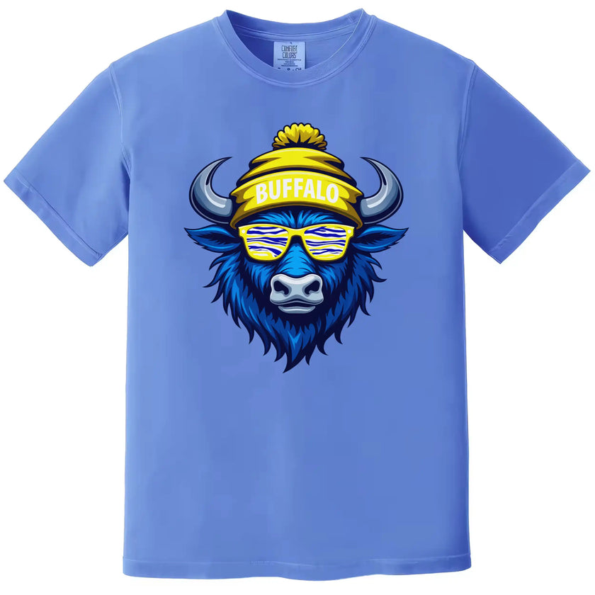 Buffalo hockey graphic tee in blue, stylish buffalo wearing blue yellow white striped sunglasses, playful sports fan shirt.
