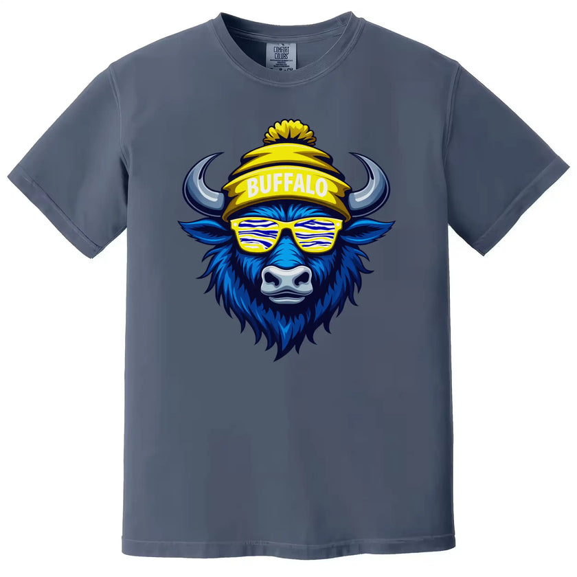 Buffalo hockey t-shirt in dark blue, blue buffalo wearing striped blue yellow white sunglasses, fun modern fan graphic tee.