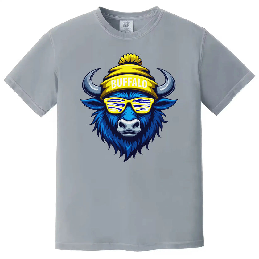 Buffalo hockey shirt in grey, cool blue buffalo graphic with striped team color sunglasses, casual fan t-shirt for hockey season.