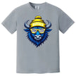 Buffalo hockey shirt in grey, cool blue buffalo graphic with striped team color sunglasses, casual fan t-shirt for hockey season.
