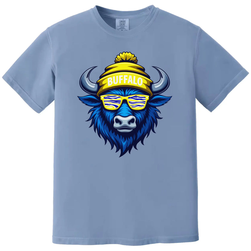 Buffalo hockey tee in light blue, blue buffalo graphic wearing striped blue yellow white sunglasses, casual fan shirt.