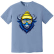 Buffalo hockey tee in light blue, blue buffalo graphic wearing striped blue yellow white sunglasses, casual fan shirt.