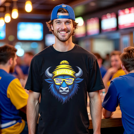 Male model wearing black Buffalo hockey t-shirt with cool blue buffalo wearing striped blue yellow white sunglasses, casual fan outfit.