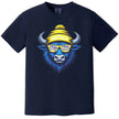Buffalo hockey t-shirt in navy, cool buffalo graphic with striped blue yellow white sunglasses, modern hockey fan tee.