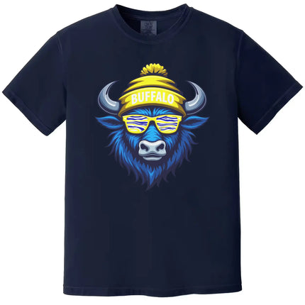 Buffalo hockey t-shirt in navy, cool buffalo graphic with striped blue yellow white sunglasses, modern hockey fan tee.
