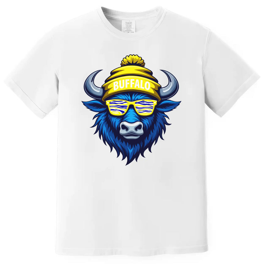 Buffalo hockey graphic tee in white, blue buffalo wearing striped team color sunglasses, fun sports fan shirt for game days.