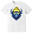 Buffalo hockey graphic tee in white, blue buffalo wearing striped team color sunglasses, fun sports fan shirt for game days.