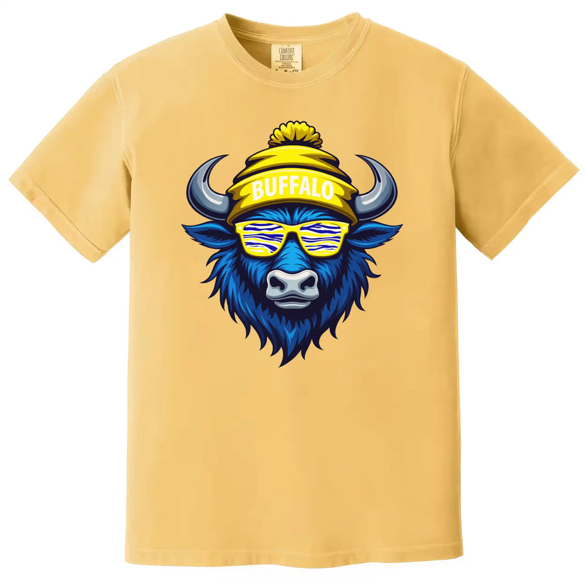Buffalo hockey graphic shirt in yellow, cool blue buffalo with striped team color sunglasses design, playful sports fan tee.