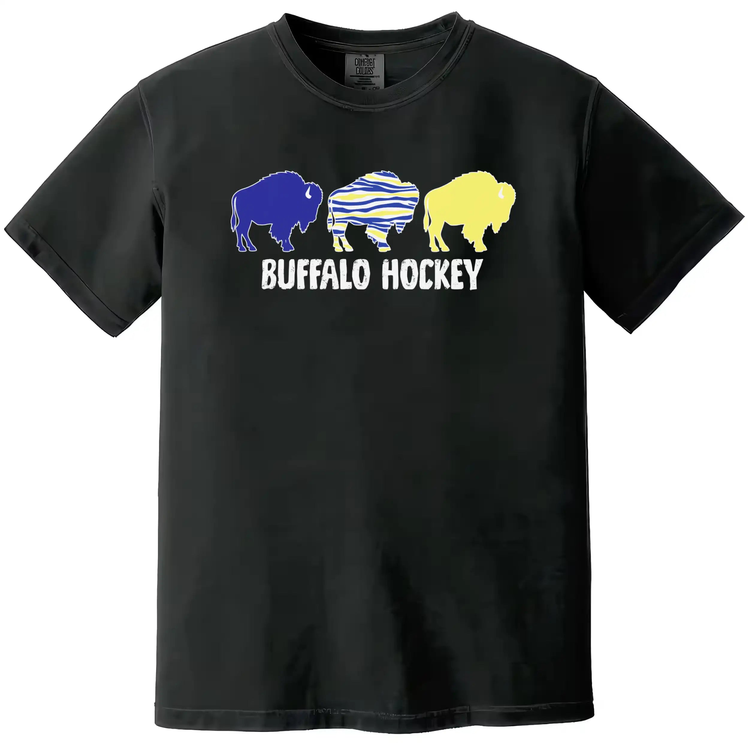 Buffalo hockey graphic tee in black, three buffalo silhouettes in team colors above distressed Buffalo Hockey text, modern fan shirt.