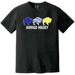 Buffalo hockey graphic tee in black, three buffalo silhouettes in team colors above distressed Buffalo Hockey text, modern fan shirt.