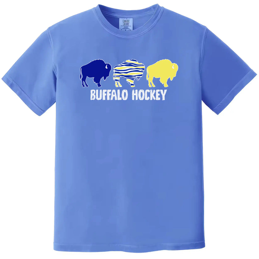 Buffalo hockey t-shirt in blue, modern trio buffalo silhouette design with team color variations and distressed Buffalo Hockey text.