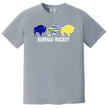 Buffalo hockey graphic tee in grey, three buffalo silhouettes in blue yellow and striped styles above distressed Buffalo Hockey lettering.