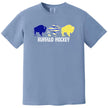Buffalo hockey shirt in light blue, trio buffalo silhouette design in team colors with distressed Buffalo Hockey wording, modern sports tee.