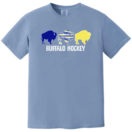 Buffalo hockey shirt in light blue, trio buffalo silhouette design in team colors with distressed Buffalo Hockey wording, modern sports tee.